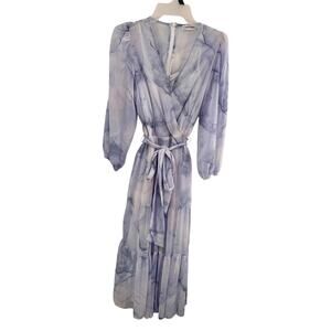 Calvin Klein Midi Dress Womens Size 4 Blue Tie Waist 3/4 Sleeves V Neck A-line